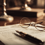 Afbeelding van een houten tafel met een testament, bril en pen.