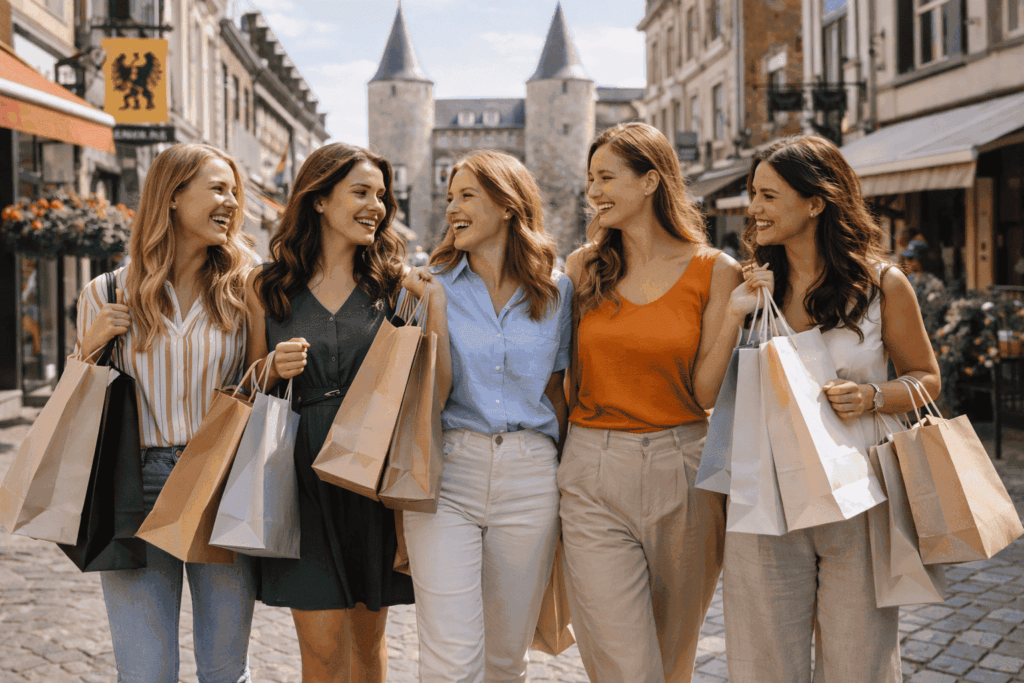 vrouwen shoppen met elkar in de stad