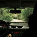 Uitzicht vanuit auto op weg door bos met dashboard en bestuurder zichtbaar