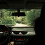 Uitzicht vanuit auto op weg door bos met dashboard en bestuurder zichtbaar