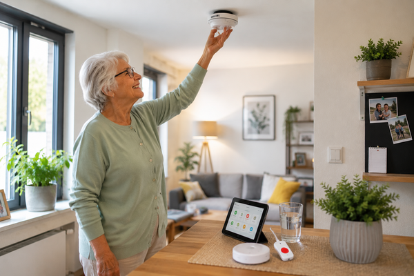 Oudere vrouw controleert een rookmelder in haar woning voor extra veiligheid en zelfstandig wonen