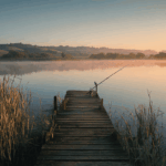 Vislocatie aan een rustig meer bij zonsopkomst met riet en een houten vissteiger met hengel